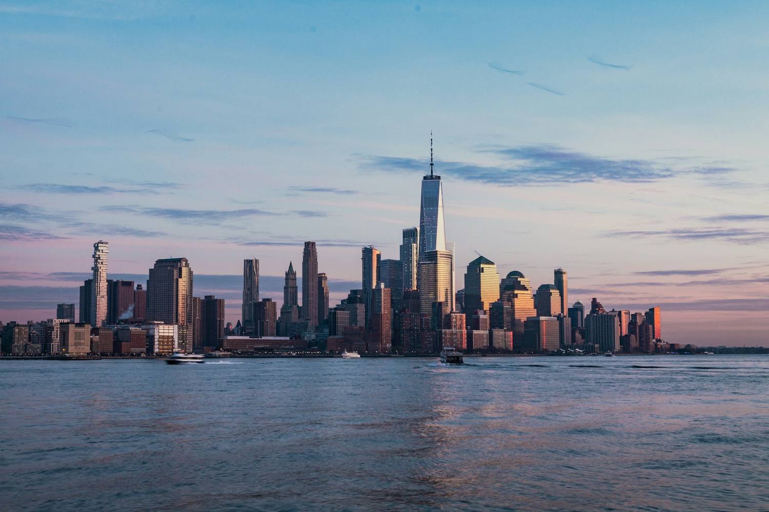 The Lower Manhattan skyline at dusk