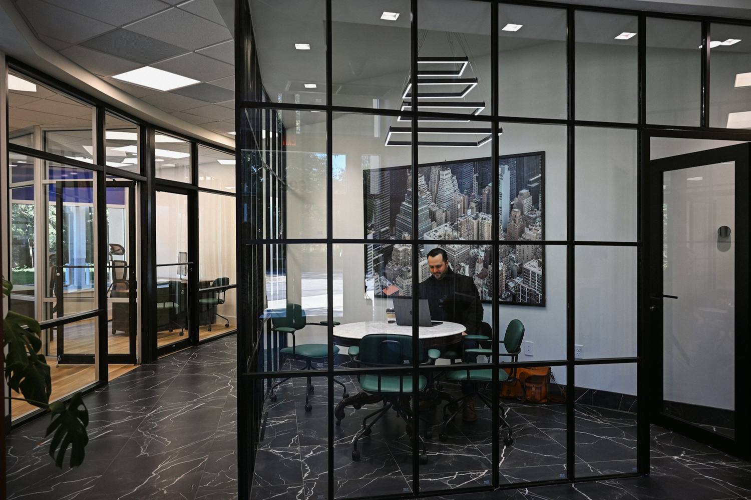 A modern glass-walled office